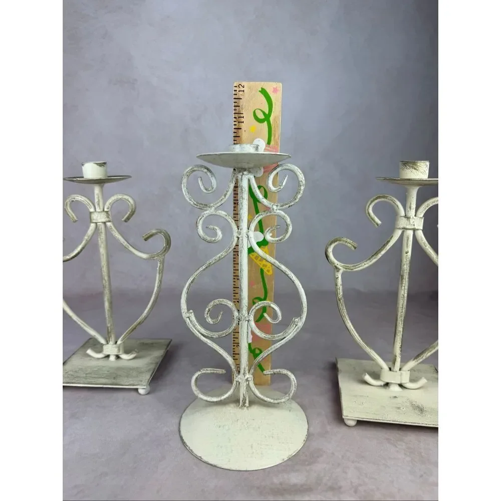 Vintage 90s Ivory Iron Candlestick Holders Scroll Cottagecore Shabby Chic Set of